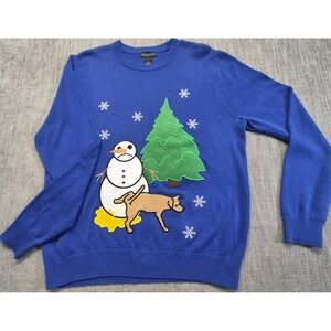Alex Stevens XL Ugly Christmas Sweater Blue Snowman Dog Tree 100% Cotton funny